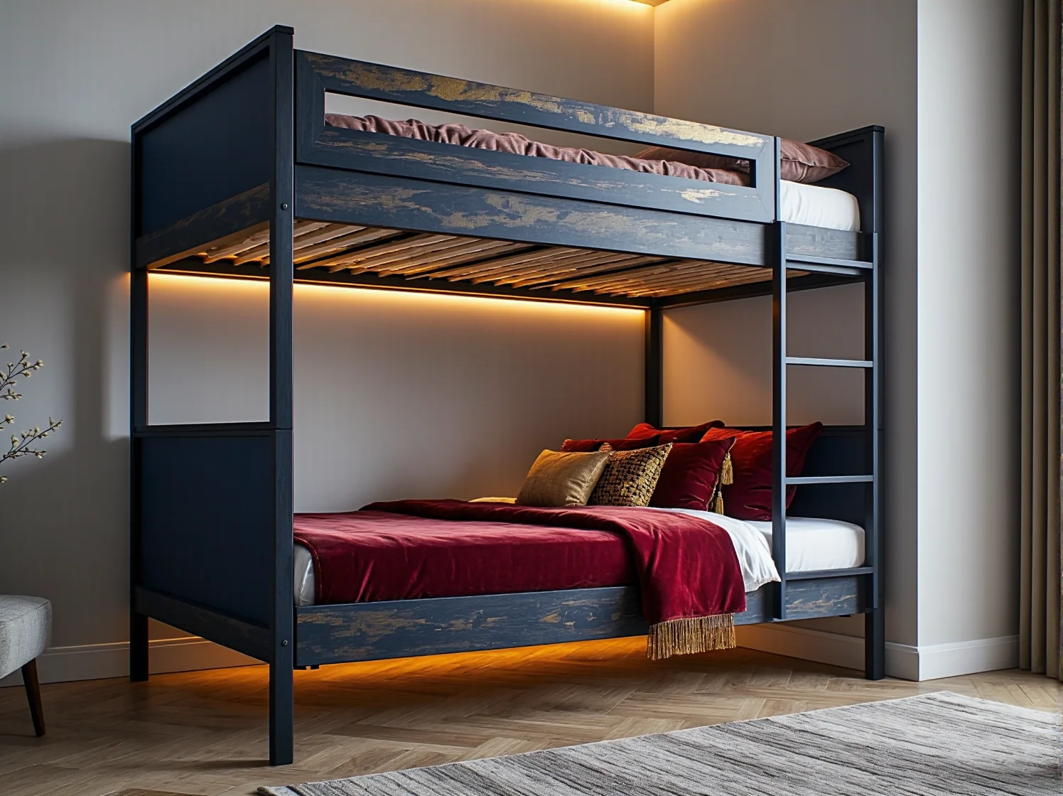 Eleganckie łóżko piętrowe z tapicerowanymi barierkami i pojemnymi szufladami. Trendy glamour 2025.