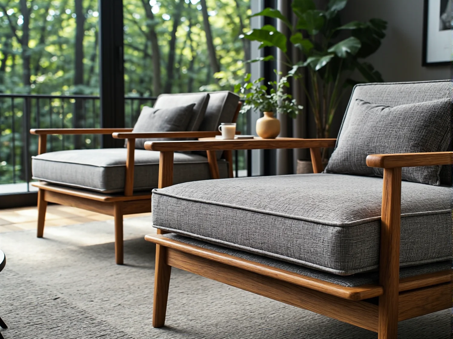 Szary narożnik z tkaniny odpornej na promienie UV w nasłonecznionym salonie