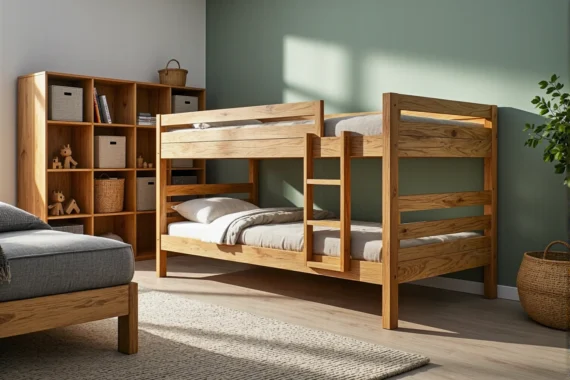 Łóżko piętrowe sosnowe z drabinką i barierkami ochronnymi