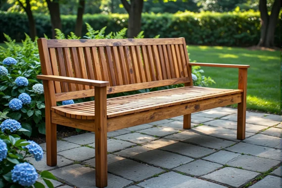 Drewniana ławka ogrodowa z podłokietnikami i oparciem z listew
