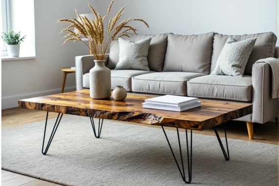 Stolik kawowy z drewna naturalnego na metalowych nóżkach hairpin