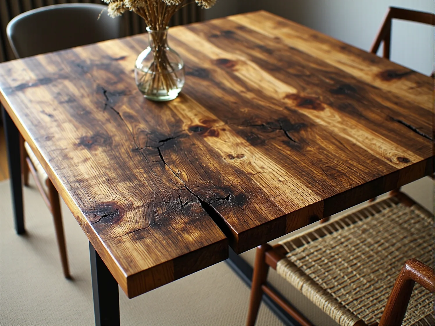 Detal drewnianej komody z recyklingu ukazujący unikalną fakturę i historię materiału