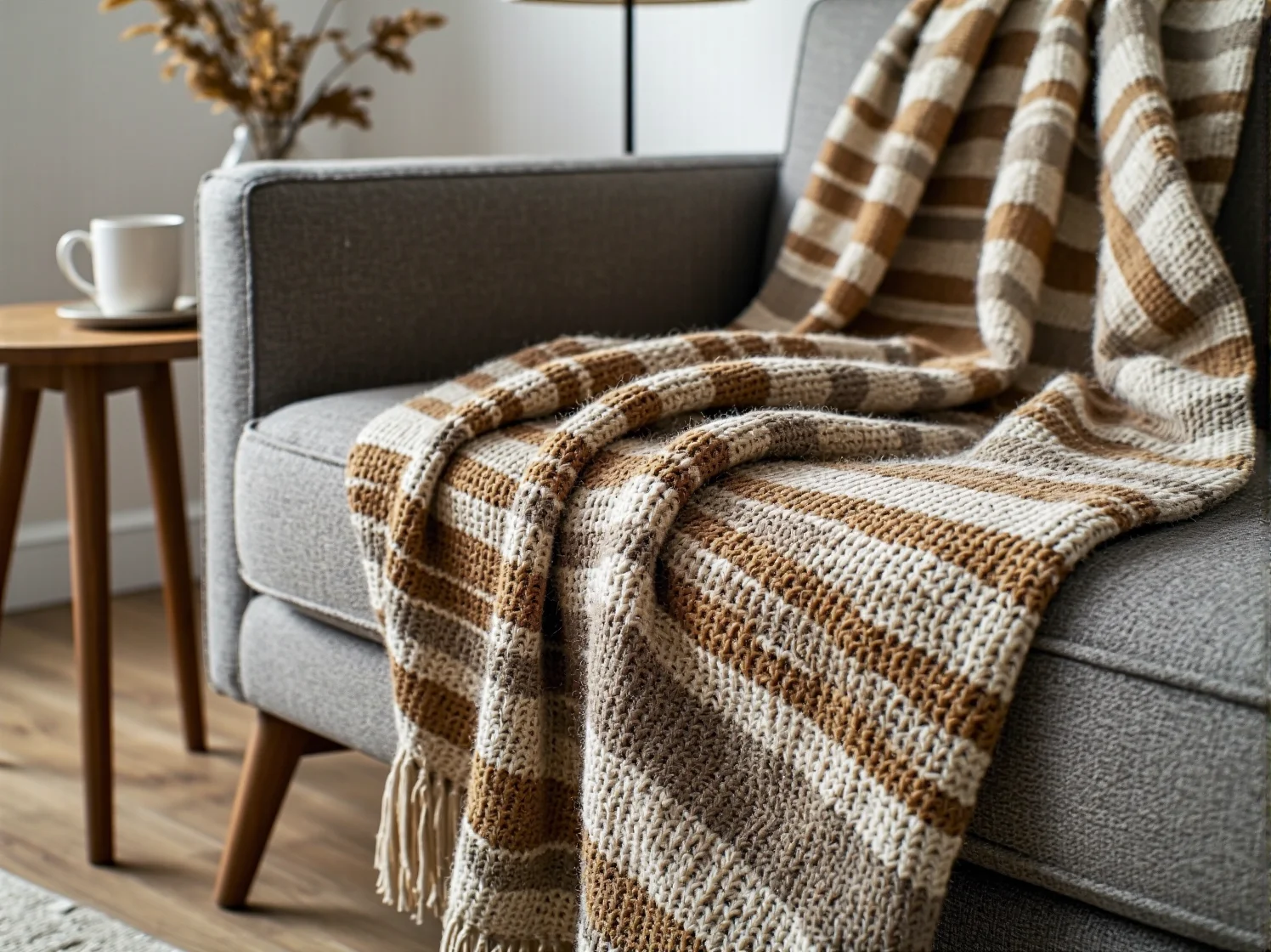 Gruby splot wełnianego koca w stylu hygge leżący na drewnianym fotelu