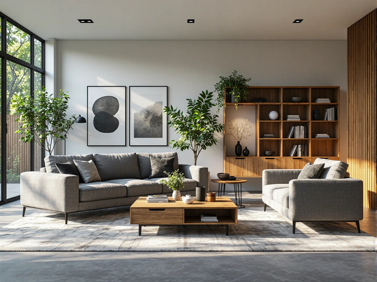 Wiszący fotel kokon i kompaktowy zestaw kawowy w aranżacji małego ogrodu.