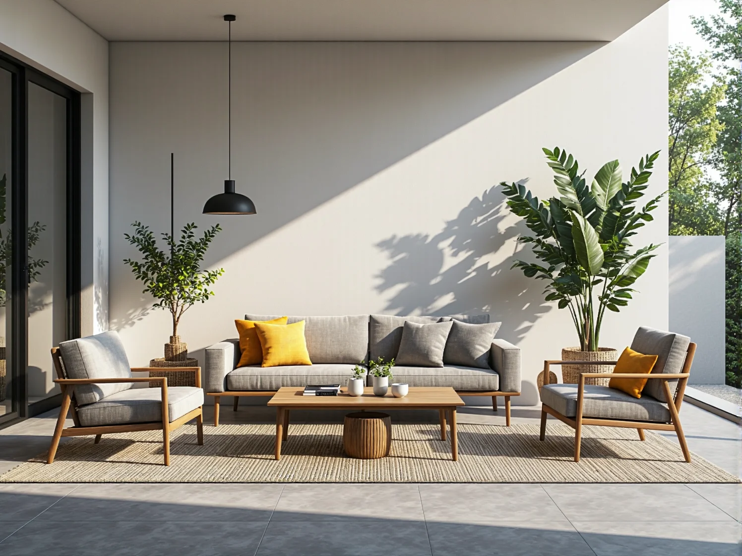 Wiszący fotel kokon i ogród wertykalny na ścianie małego tarasu