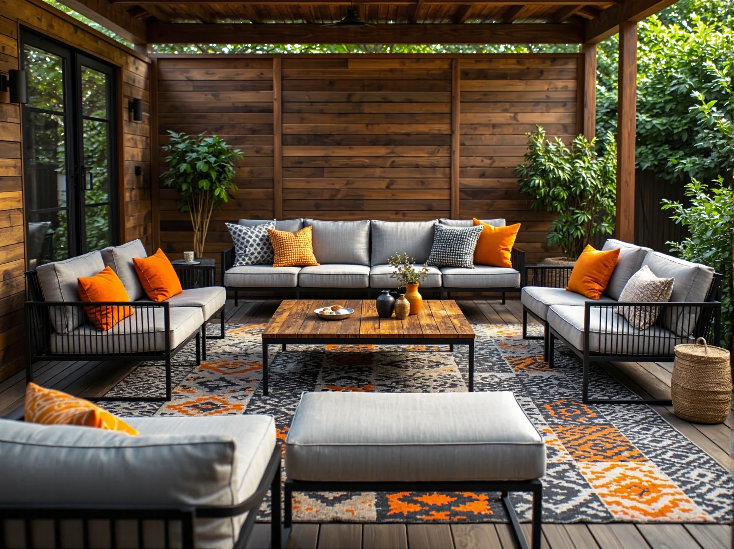 Wygodny narożnik ogrodowy z miękkimi poduszkami w strefie relaksu