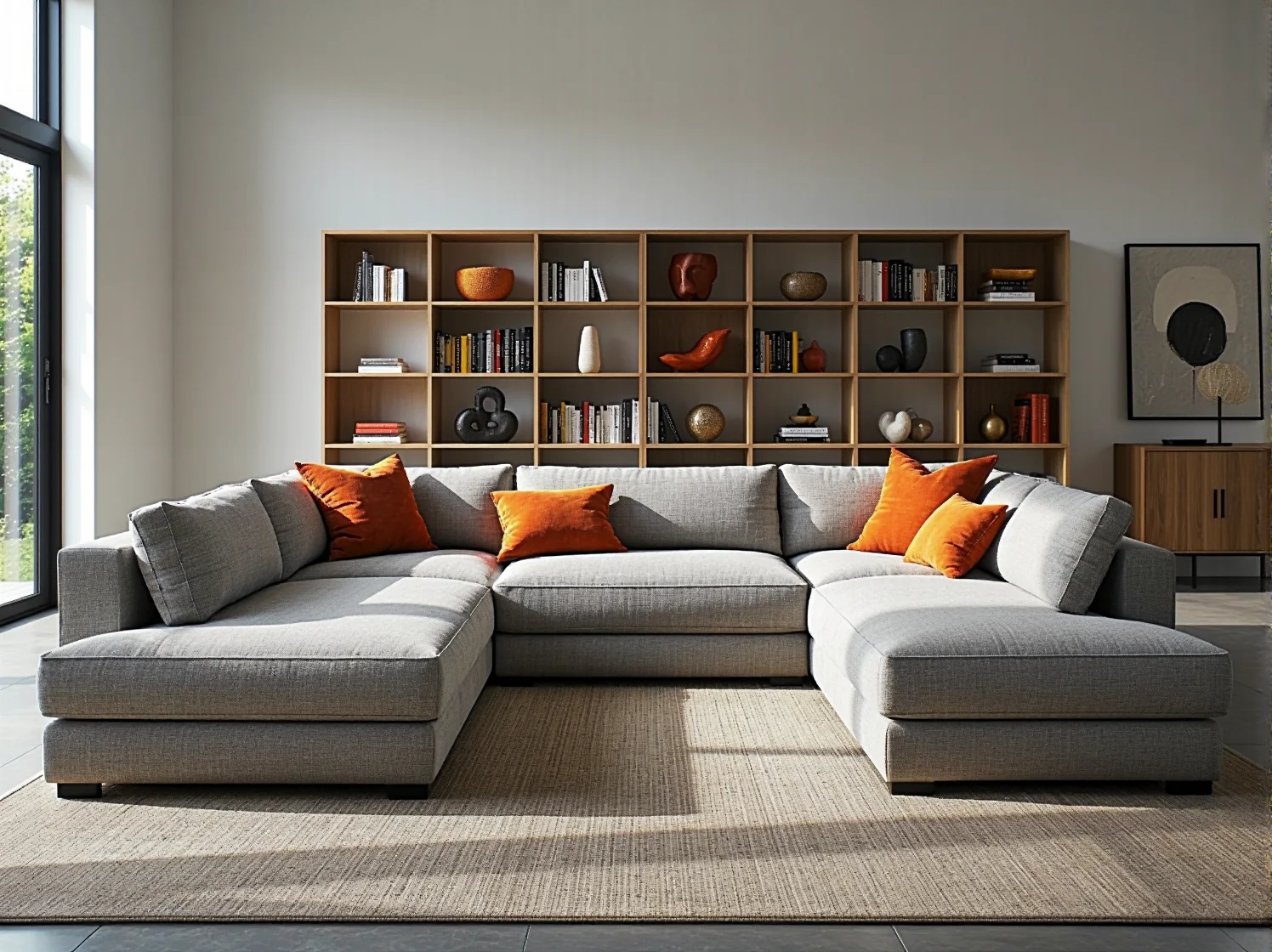 Wygodny narożnik modułowy z miękkim welurowym obiciem w stylu skandynawskim.