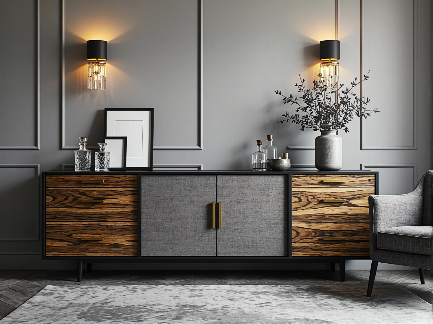 Złote ramki na zdjęcia i świeczniki jako detale stylu glamour